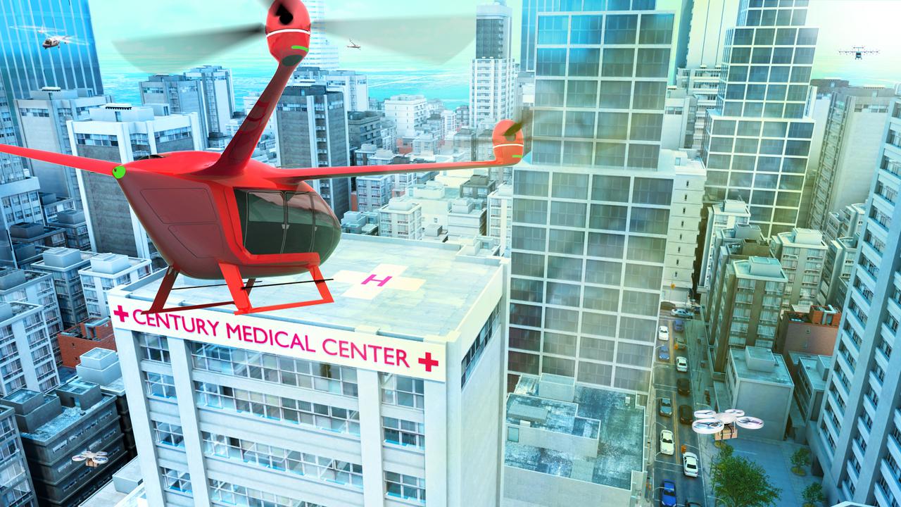 Several projects supporting NASA's Advanced Air Mobility or AAM mission are working on different research initiatives to help make AAM a reality. AAM could be used in healthcare operations in the form of air taxi ambulances or medical supply delivery in the future. This concept graphic shows how a future AAM vehicle could aid in healthcare by carrying passengers to a hospital.